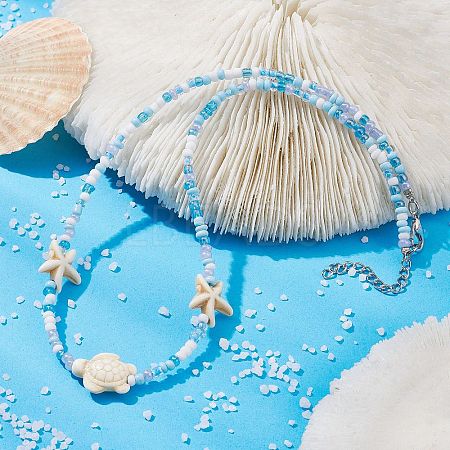 Synthetic Turquoise Starfish & Turtle & Seed Beaded Necklace for Women NJEW-JN04482-02-1