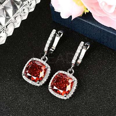 925 Sterling Silver Pave Cubic Zirconia Square Hoop Earrings EJEW-C150-01A-01-1