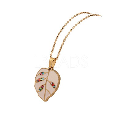 304 Stainless Steel Pave Cubic Zirconia with Enamel Leaf Pendant Necklaces FS-WGB4824-03-1