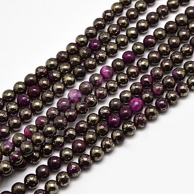 Electroplate Gemstone Natural Pyrite Round Beads Strands G-L129-6mm-02-1