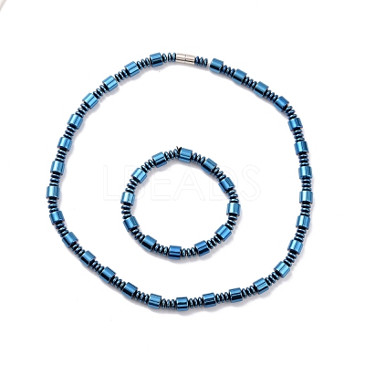 Synthetic Hematite & Brass Column Beaded Necklace Bracelet with Magnetic Clasps SJEW-G079-01A-1
