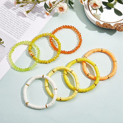 7Pcs 7 Style Handmade Polymer Clay Heishi Surfer Stretch Bracelets Set BJEW-SW00073-02-1