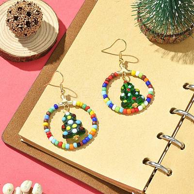 Glass Seed Beaded Ring with Lampwork Christmas Tree Dangle Earrings EJEW-TA00231-1