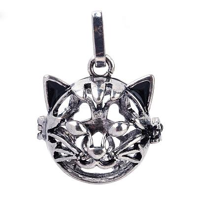 Rack Plating Brass Cage Hollow Kitten Pendants KK-S751-003AS-1
