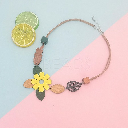 Wooden Flower Leaf Pendant Imitation Leather Cord Necklaces for Women WG4EF74-01-1