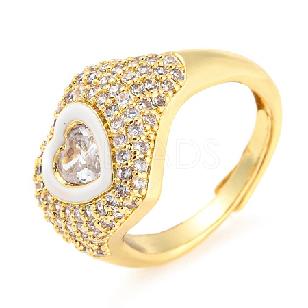 Enamel Heart Adjustable Ring with Clear Cubic Zirconia RJEW-Q781-01G-04-1