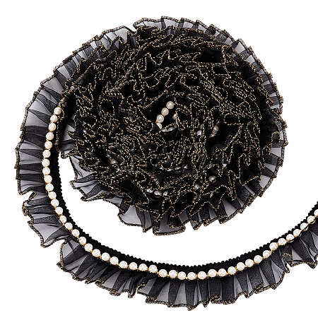 Chiffon Pleated Lace Ribbon with Plastic Beads OCOR-WH0078-62-1