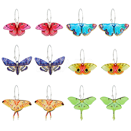 FIBLOOM 6 Pairs 6 Style Acrylic Butterfly Dangle Hoop Earrings EJEW-FI0001-34-1