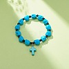 Natural Mashan Jade Skull Beaded Stretch Bracelet with Synthetic Turquoise(Dyed) Cross Charm BJEW-JB08378-04-2