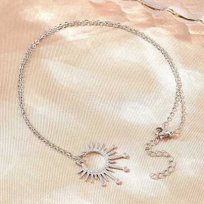 Brass Micro Pave Clear Cubic Zirconia Sun Pendant Necklaces KK-CBA4547-09P-1