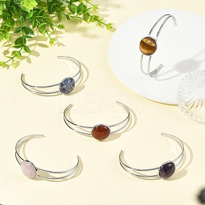 Natural Mixed Stone Flat Round 304 Stainless Steel Cuff Bangles for Women BJEW-JB14352-02-1