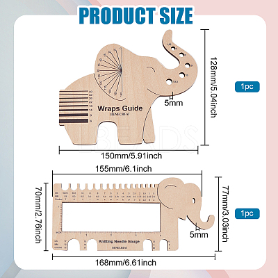 1 Set Elephant Shape  Wooden Knitting Needle Gauge & Yarn Wrap Guide Board DIY-BC0006-94-1