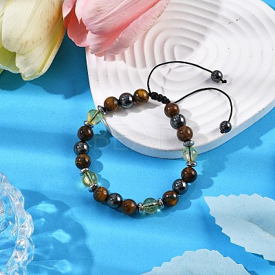 Non-Magnetic Synthetic Hematite & Synthetic Citrine & Natural Yellow Tiger Eye Round Beaded Braided Bracelets for Men Women BJEW-JB11185-03-1
