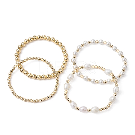 4Pcs 4 Style Natural Pearl & Brass Beaded Stretch Bracelets Set for Women BJEW-JB09662-01-1