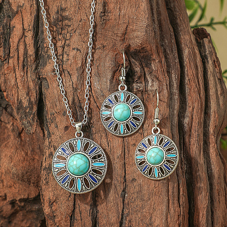 Bohemian Ethnic Style Zinc Alloy & Synthetic Turquoise Pendant Necklaces & Dangle Earrings Sets WG7E01E-03-1