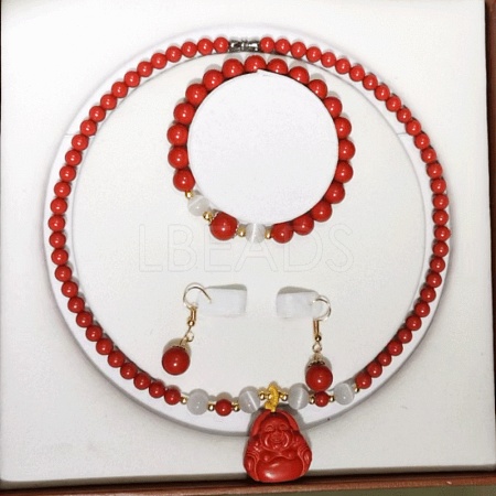 Cinnabar Round Beaded Necklaces & Bracelets & Dangle Earring Sets WGFCFD5-02-1