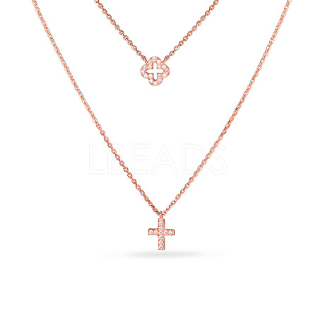 TINYSAND CZ Jewelry 925 Sterling Silver Cubic Zirconia Cross Pendant Two Tiered Necklaces TS-N022-RG-18-1
