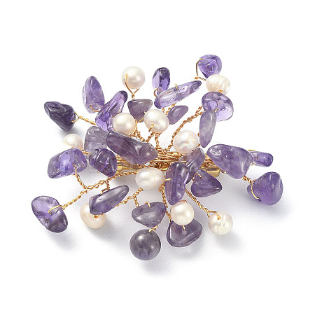 Natural Amethyst Chips & Pearl Beaded Flower Brooch Pin JEWB-BR00098-01-1