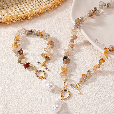 Alloy & Natural Gemstone Chips Beaded Necklaces & Beaded Bracelets Sets FS-WGA97E1-01-1