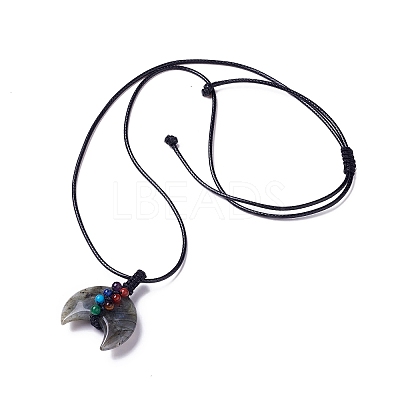Adjustable Natural & Synthetic Mixed Gemstone Double Horn Pendant Necklace with Wax Cord for Women NJEW-B086-01-1