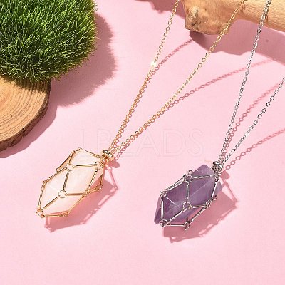 2Pcs 2 Color Brass Bar Link Chains Macrame Pouch Empty Stone Holder for Pendant Necklaces Making NJEW-JN04466-03-1