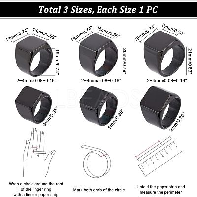 3Pcs 3 Size 304 Stainless Steel Rectangle Signet Finger Rings RJEW-UN0001-26B-1