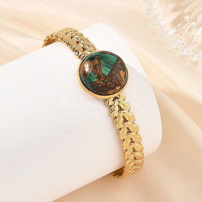 Synthetic Bronzite and Malachite Half Round 304 Stainless Steel Leaf Cuff Bangle for Women BJEW-JB14491-02-1