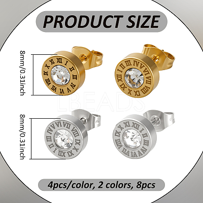 8Pcs 2 Colors 304 Stainless Steel Flat Round Stud Earrings EJEW-GO0003-12-1