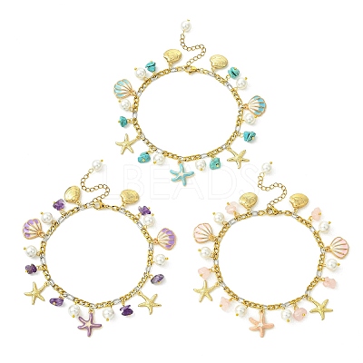 3Pcs 3 Styles Ocean Alloy Enamel Starfish Shell Charm 304 Stainless Steel Figaro Chain Anklets with Natural Amethyst & Rose Quartz & Synthetic Turquoise Chip Beads AJEW-AN00883-1