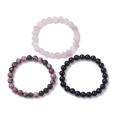 3Pcs 3 Styles Natural Mixed Gemstone Round Beaded Stretch Bracelets Set BJEW-JB10139-01-1