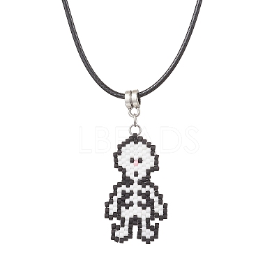 MIYUKI Delica Beads Beaded Halloween Skull Pendant Waxed Cotton Cord Necklaces for Women NJEW-MZ00111-1