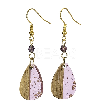 Transparent Resin & Walnut Wood Teardrop Pendant Dangle Earrings EJEW-JE05490-1