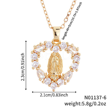 Vintage Brass Cubic Zirconia Religious Virgin Mary Heart Hollow Pendant Necklaces LS-AB7554-2-1