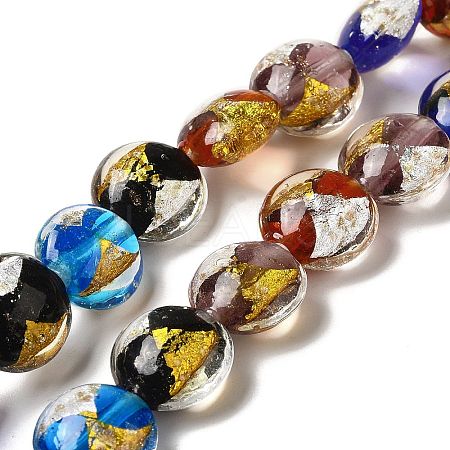 Handmade Gold Foil and Silver Foil Lampwork Flat Round Beads FOIL-C001-02A-1