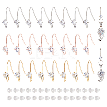 BENECREAT 24Pcs 3 Colors Brass Micro Pave Clear Cubic Zirconia Earring Hooks KK-BC0009-90-1