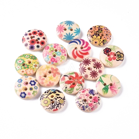 2-Hole Printed Wooden Buttons WOOD-E011-01-1
