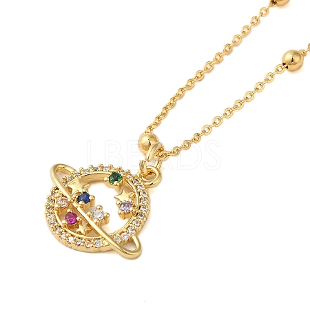 Brass Pave Cubic Zirconia Planet Pendant Necklaces for Women NJEW-S429-02G-01-1