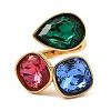 Teardrop & Square Glass Open Cuff Rings RJEW-G289-01G-06-2