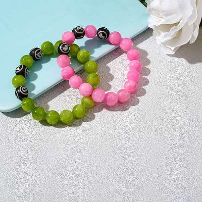 Green Yellow Natural Yellow Jade Round Beaded Stretch Bracelet BJEW-SW00077-06-1