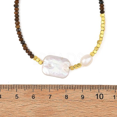Rectangle Natural Baroque Keshi Pearl and Faceted Round Natural Tiger Eye Beaded Necklaces for Women NJEW-JN06682-01-1