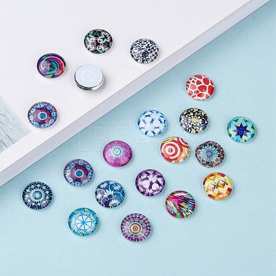 Printed Glass Flat Round Cabochons GGLA-N004-12mm-G-WH-1