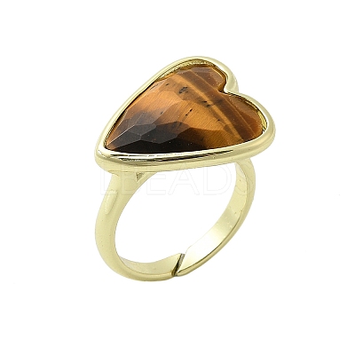 Heart Brass Natural Tiger Eye Finger Rings RJEW-D304-01G-D-1