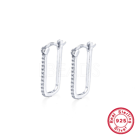 Geometric Rectangle Rhodium Plated 925 Sterling Silver Micro Pave Cubic Zirconia Hoop Earrings VG4525-1-1