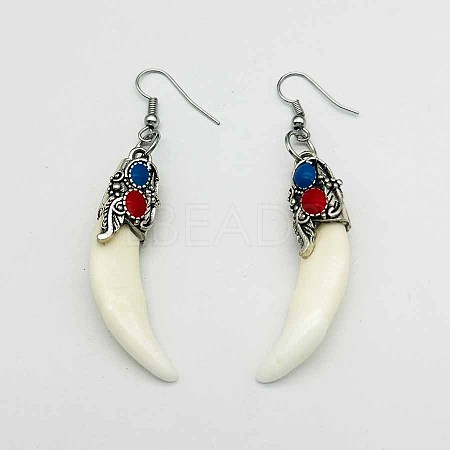 Natural Gemstone Wolf Tooth Shape Dangle Earrings with Real Tibetan Mastiff Dog Tooth FX9729-2-1