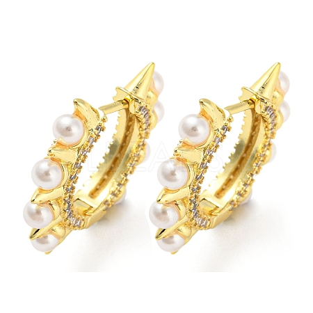 Rack Plating Brass Spike Hoop Earrings with Plastic Pearl with Cubic Zirconia EJEW-Q779-07G-1