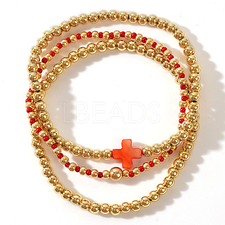 3Pcs Golden Luxury Brass Beaded Gothic Cross Ladies Elastic Bracelet Sets MP9967-4-1