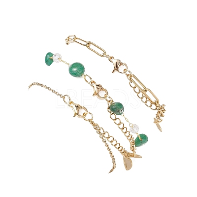 304 Stainless Steel Heart & Dyed Natural Green Agate Nuggets Link Chain 3 Layer Stackable Necklaces BJEW-JB12459-01-1