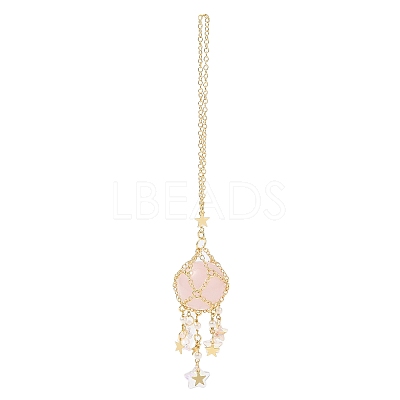 Natural Rose Quartz with Rack Plating Brass Pendants Decorations AJEW-B023-01G-06-1