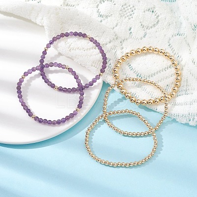5Pcs 5 Style Natural Amethyst & Brass Beaded Stretch Bracelets Set for Women BJEW-JB09663-01-1