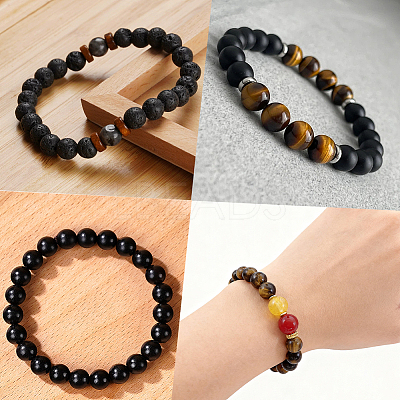 240Pcs 4 Colors Round Natural Wood & 60Pcs Natural Tiger Eye & 60Pcs Natural Lava Rock Beads Findings Kits DIY-PA0001-65-1